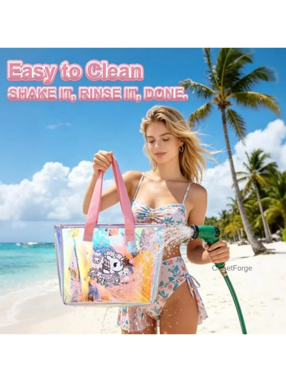 Large Clear PVC Tote Bag with Holographic Finish, Beach & Travel